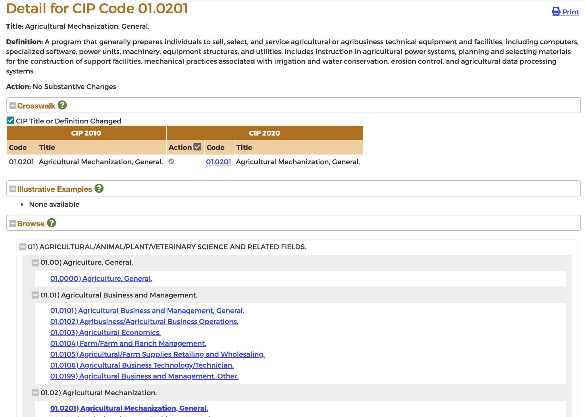 A screenshot of the Browse CIP Code detail.
