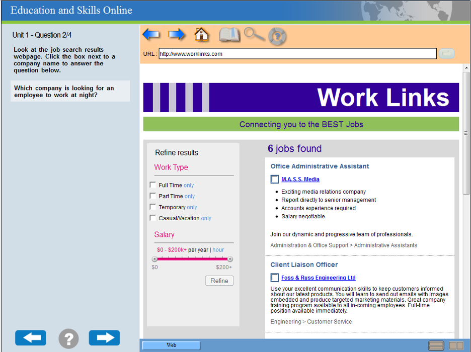 The image displays a job search results webpage containing a listing of job descriptions by company. There is a filter box on the left of the image indicating options such as full-time/part-time work, temporary, casual/vacation, and the salary. The results on the left include the title, the company, a brief description, and the sector in which the job falls in.